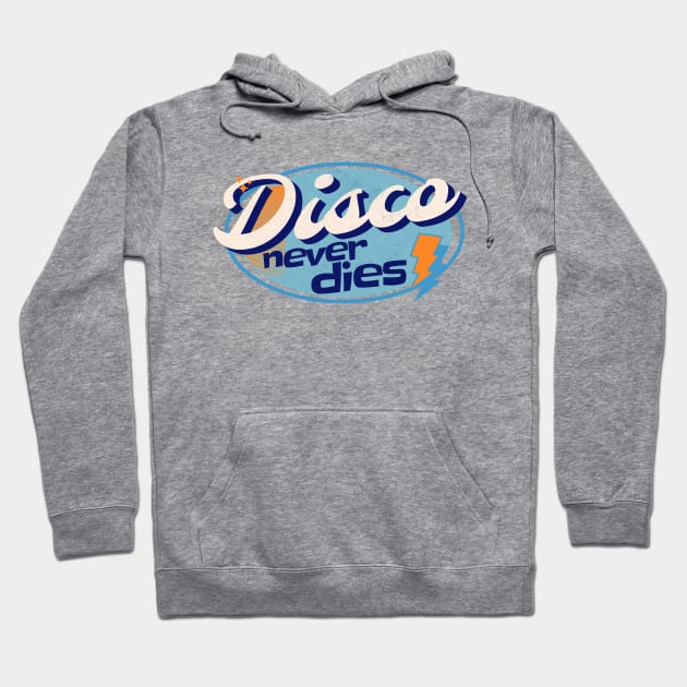 DISCO - Never Dies Retro (Orange/light blue) Hoodie by DISCOTHREADZ 